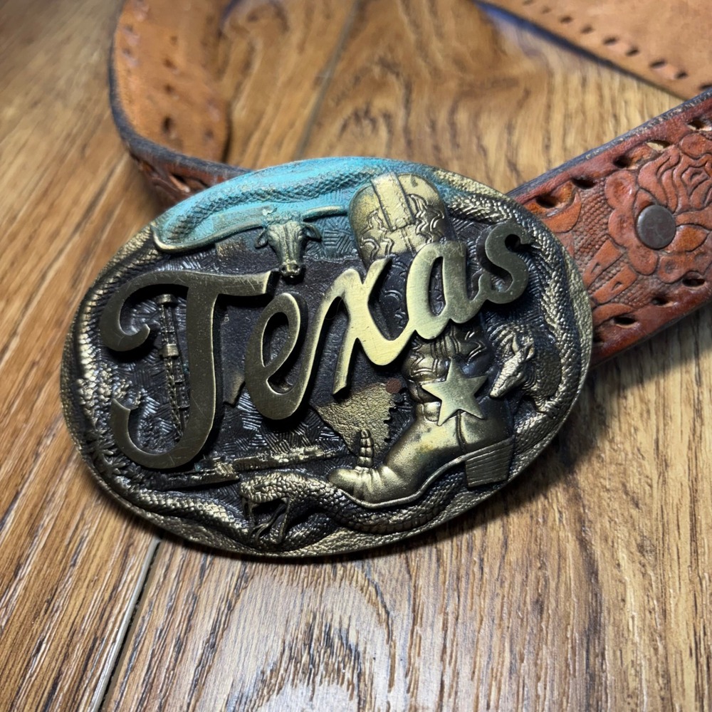 VTG 1985 High Mesa Texas Bronze Buckle Tooled Engraved Leather Kids Belt Floral - Picture 2 of 9